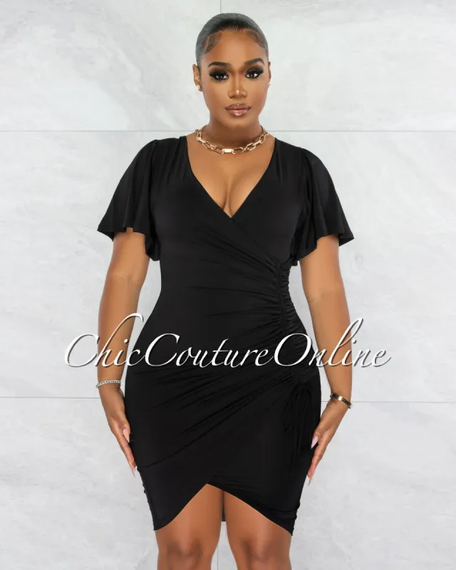 *Dalie Black Wrap Ruched Side Midi Dress sold by Chic Couture