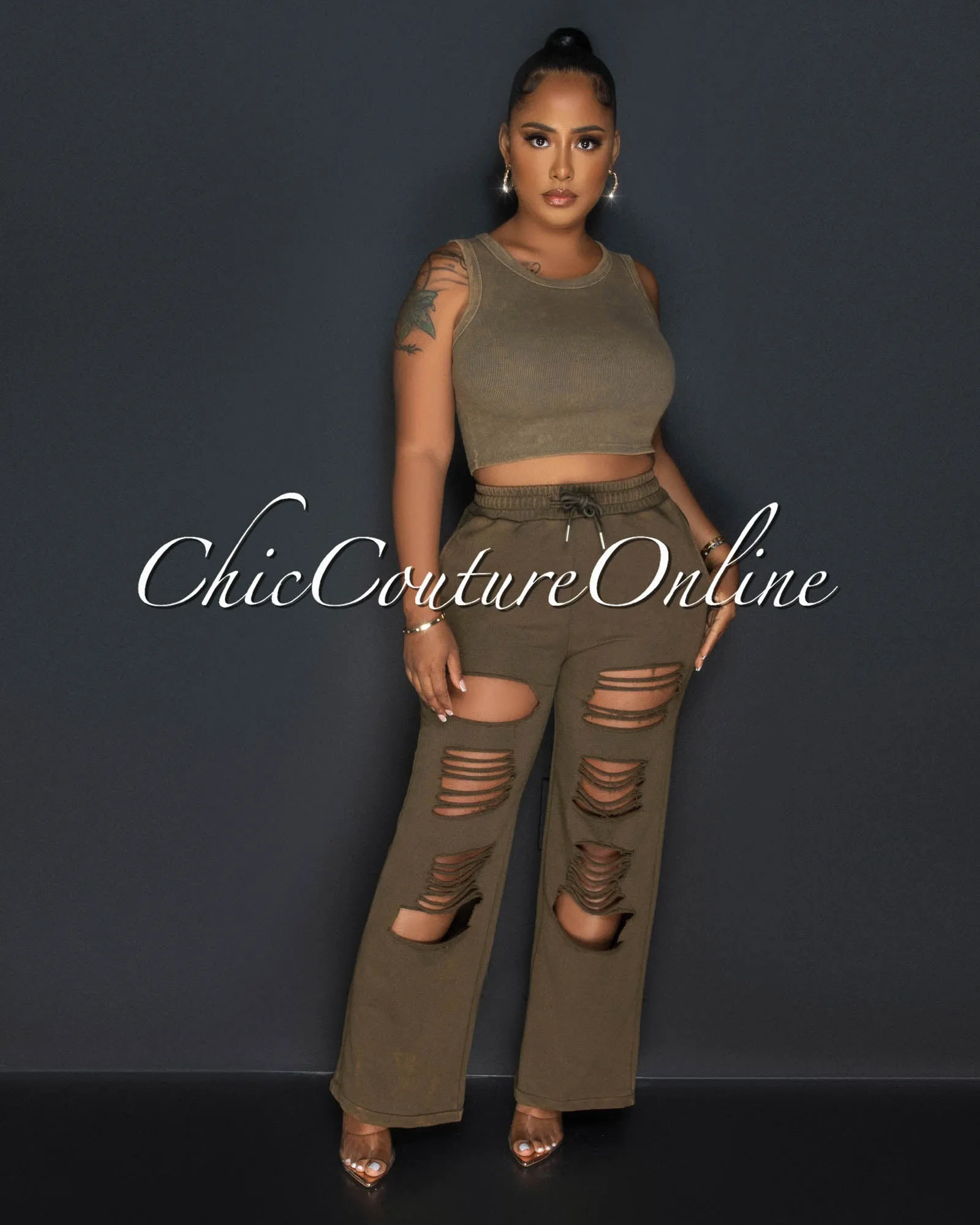 Kiki Deep Olive Green Ribbed Crop Top & Pants Set sold by Chic Couture product image thumbnail 2