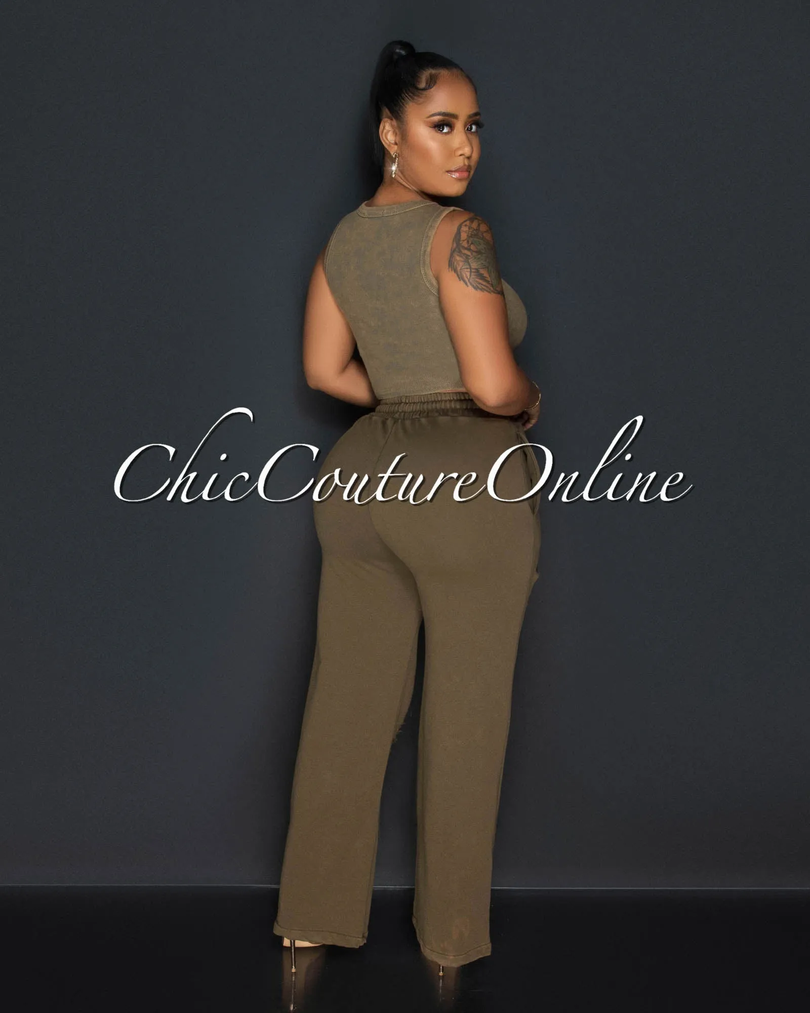 Kiki Deep Olive Green Ribbed Crop Top & Pants Set sold by Chic Couture product image thumbnail 3