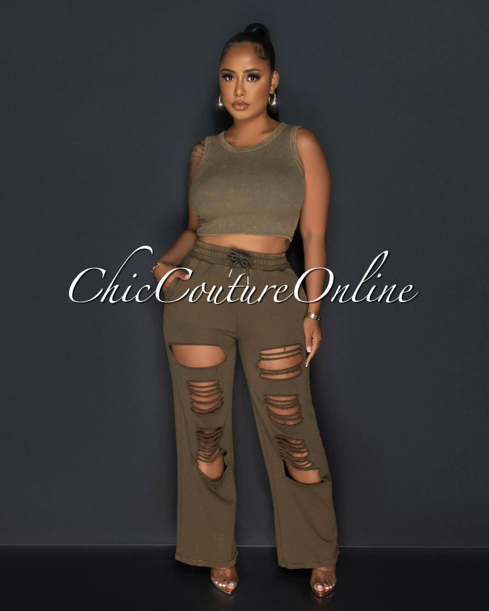Kiki Deep Olive Green Ribbed Crop Top & Pants Set sold by Chic Couture