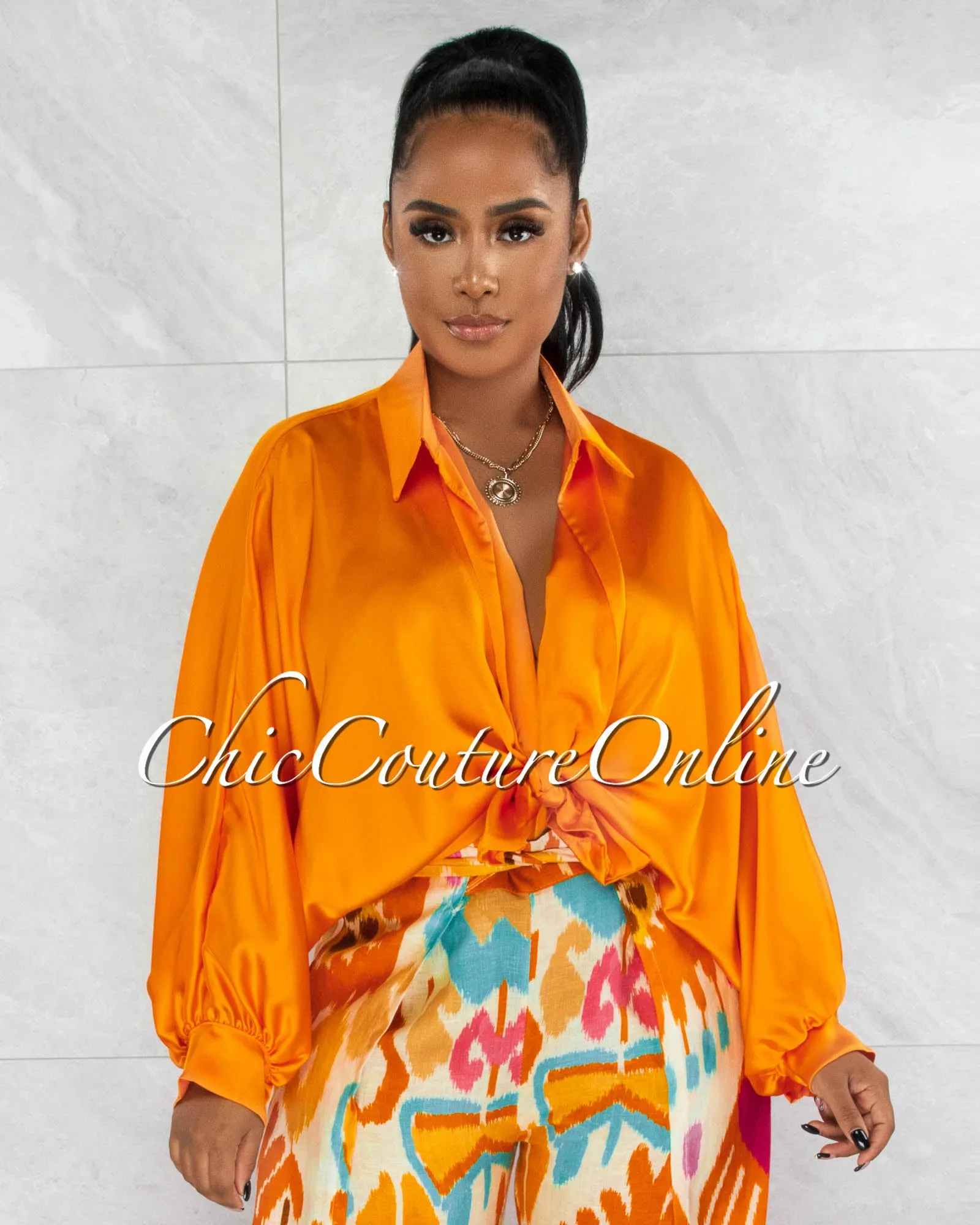 *Pilar Orange Wide Sleeves Silky Blouse sold by Chic Couture