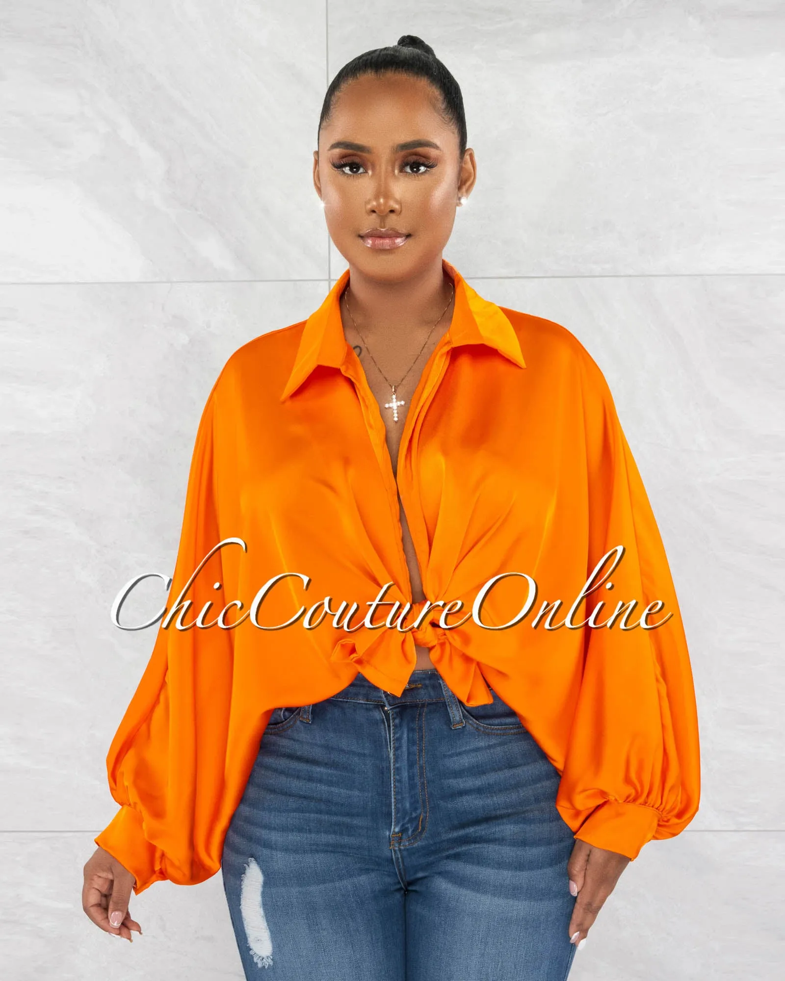 *Pilar Orange Wide Sleeves Silky Blouse sold by Chic Couture product image thumbnail 4