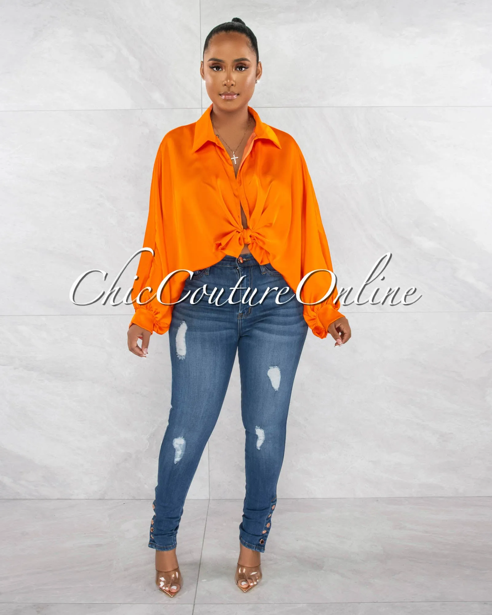 *Pilar Orange Wide Sleeves Silky Blouse sold by Chic Couture product image thumbnail 5