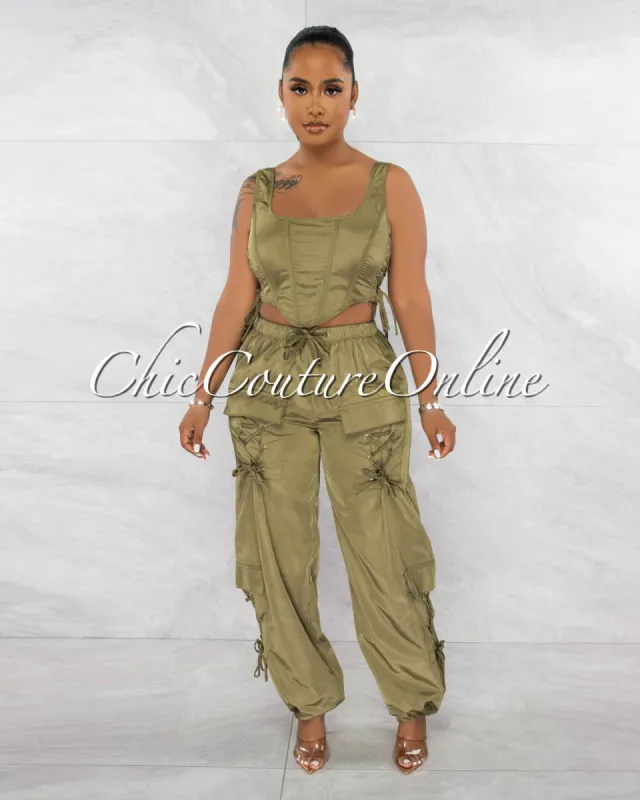 *Melina Olive Lace-Up Top & Jogger Cargo Pants Waterproof Set sold by Chic Couture