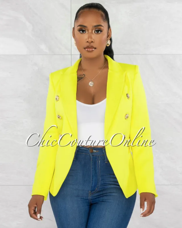 Zack Yellow Double Trench Gold Buttons Blazer sold by Chic Couture