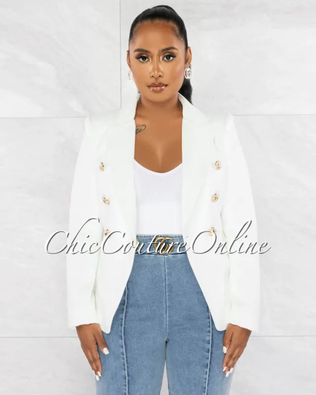 Zack Off-White Double Trench Gold Buttons Blazer sold by Chic Couture
