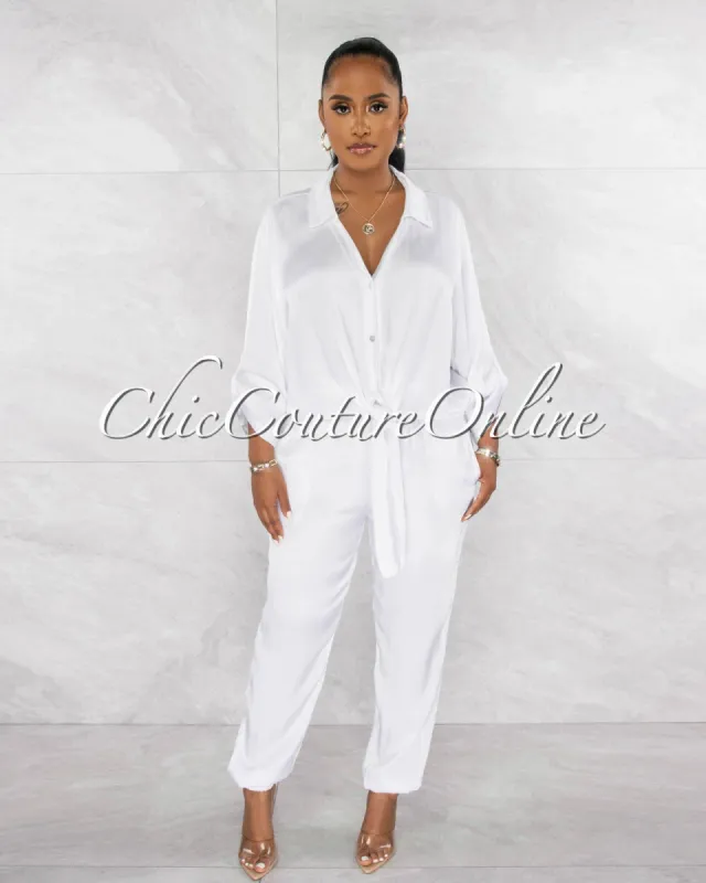 *Elliot White Front Tie Shirt & Joggers Silky Set sold by Chic Couture