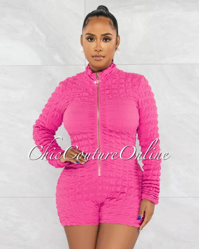 *Lachey Fuchsia Gold Zipper Textured Romper sold by Chic Couture
