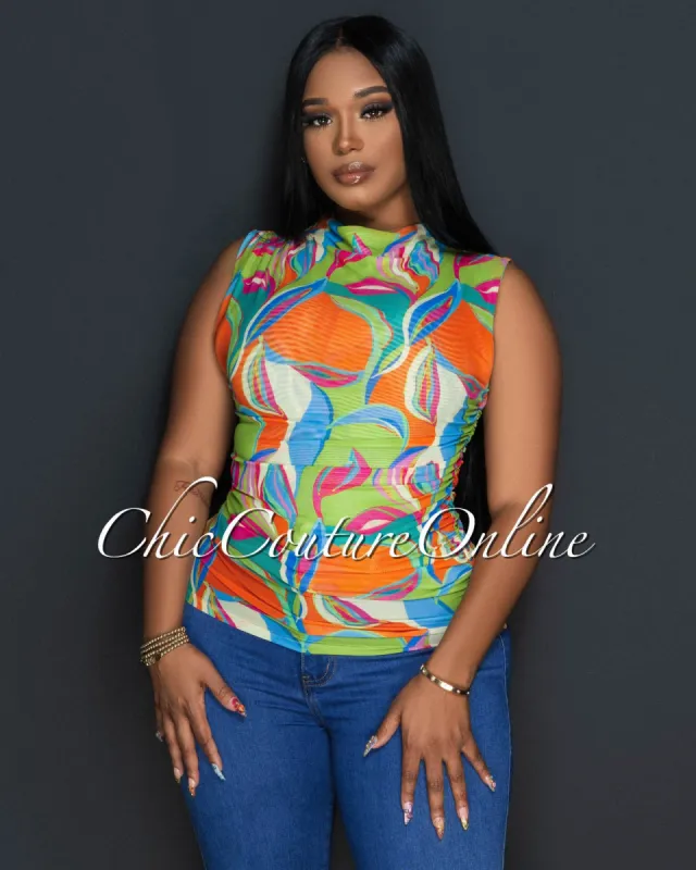 Helia Green Multi-Color Print Mesh Draped Top sold by Chic Couture
