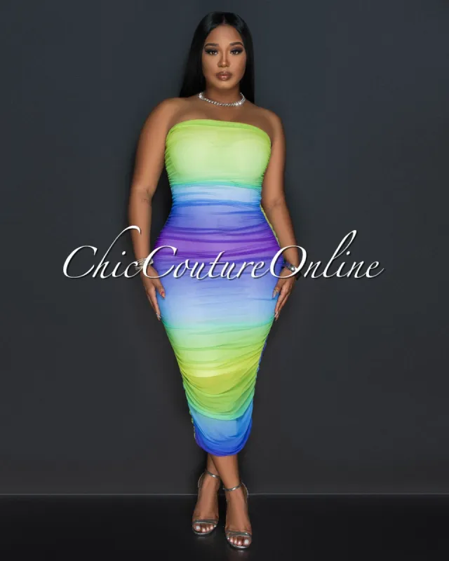 Nella Blue Green Ombre Mesh Draped Midi Dress sold by Chic Couture