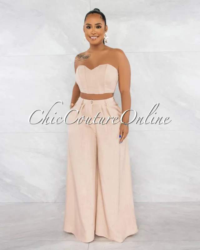 Safara Beige Crop Top & Wide Pants Linen Set sold by Chic Couture