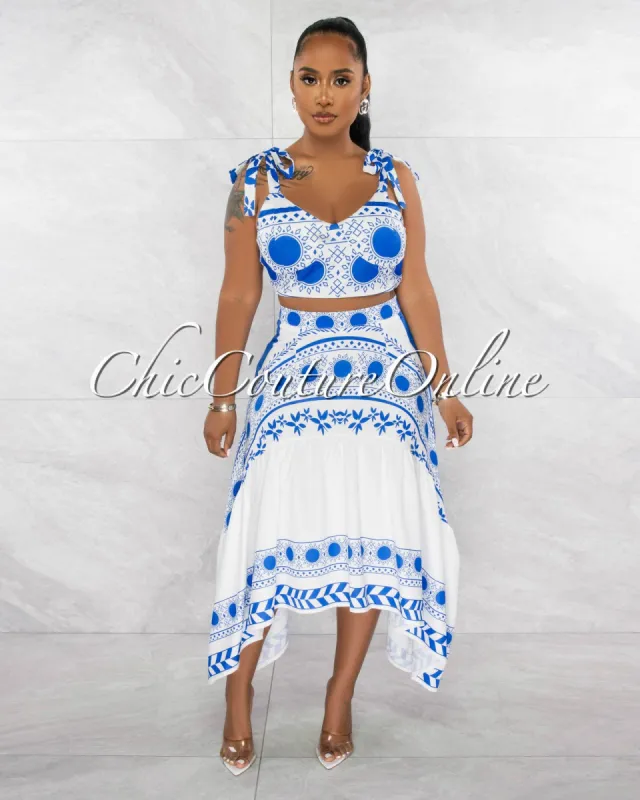 *Emely White Blue Print Crop Top & Hi-Lo Skirt Ruffle Set sold by Chic Couture