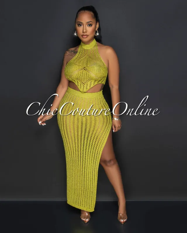 Julie Lime Crop Top & Crochet Cover-Up Maxi Skirt Shimmer Set sold by Chic Couture
