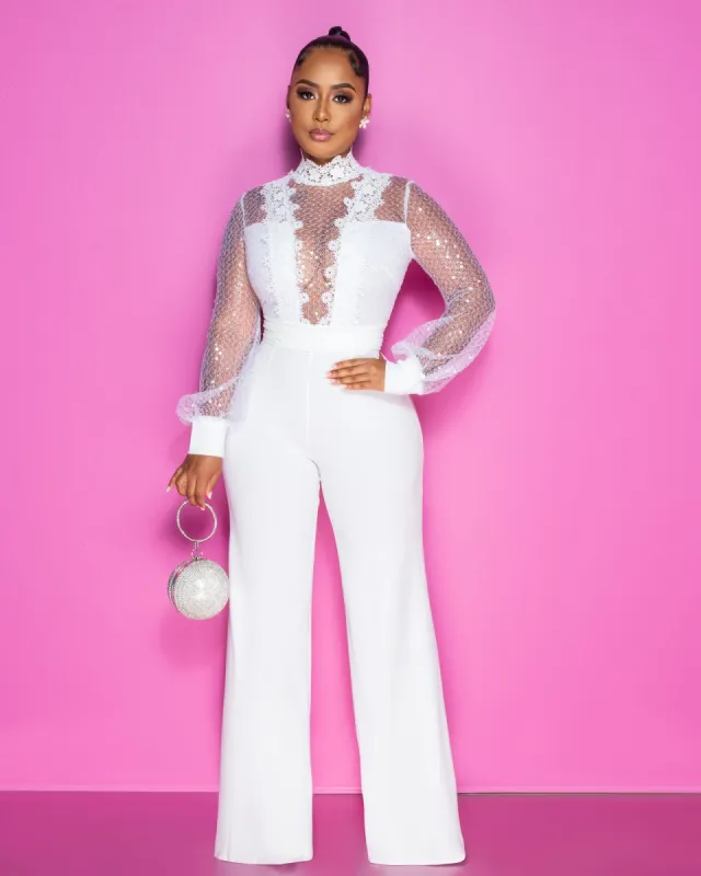 *Nigelia Off-White Net Sequins Crochet Top Jumpsuit sold by Chic Couture