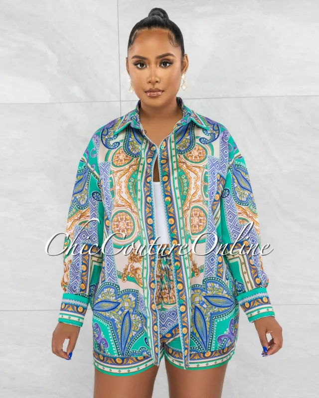 Ermine Green Blue Print Shirt & Shorts Set sold by chic