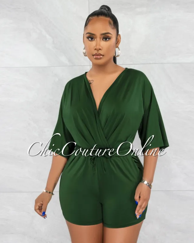 Ruana Hunter Green Drawstring Waist Utility Romper sold by chic