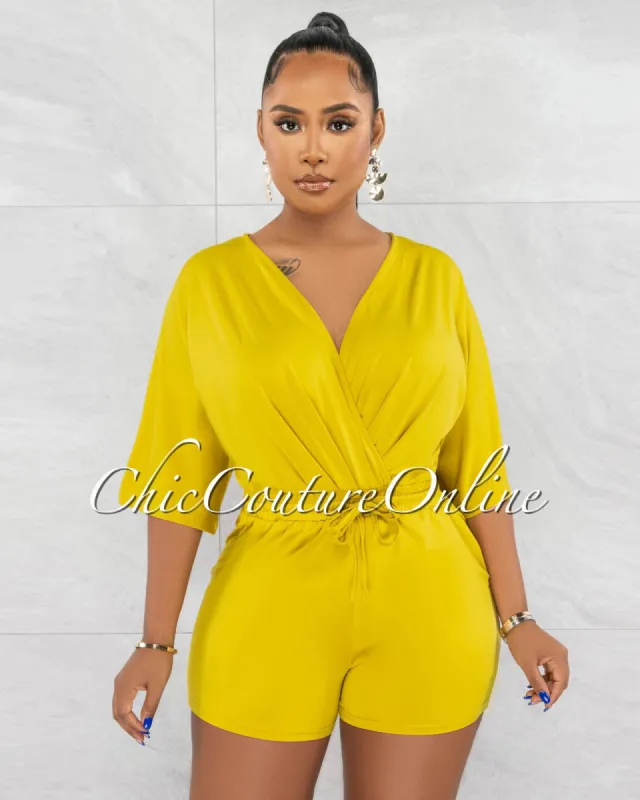 Ruana Mustard Drawstring Waist Utility Romper sold by chic