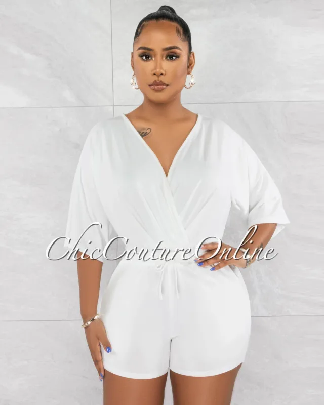 Ruana Off-White Drawstring Waist Utility Romper sold by chic