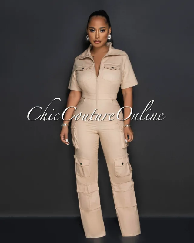 Jamison Taupe Front Zipper Cargo Jumpsuit sold by Chic Couture
