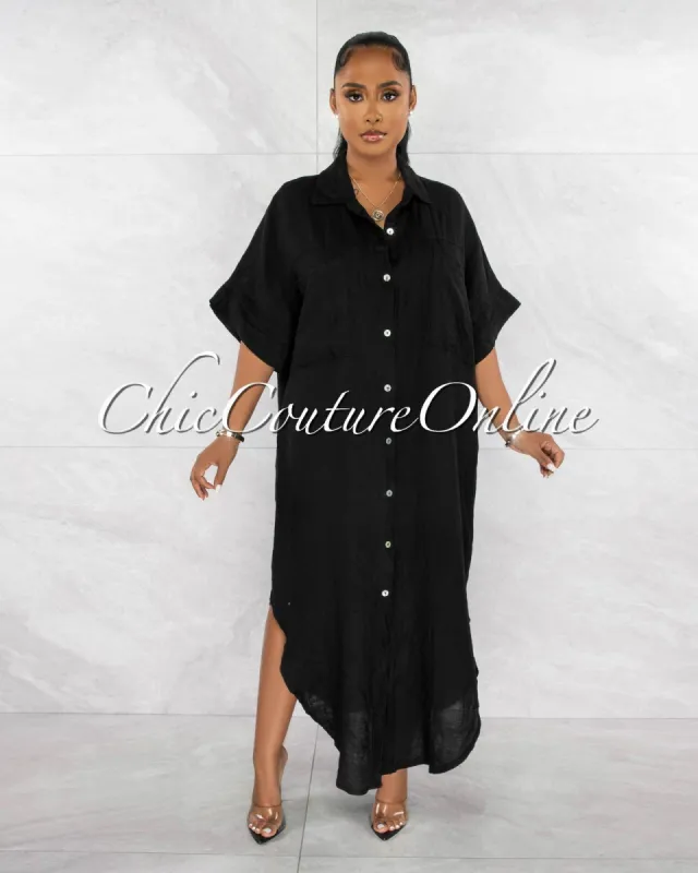 Boyles Black Buttoned Shirt LINEN Maxi Dress sold by chic