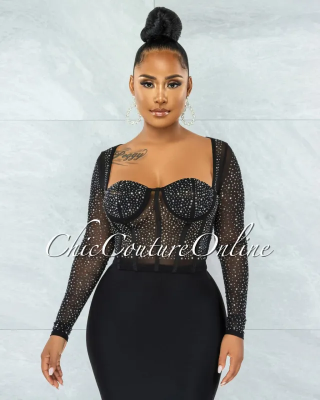 *Ibrana Black Rhinestones Mesh Crop Top sold by Chic Couture