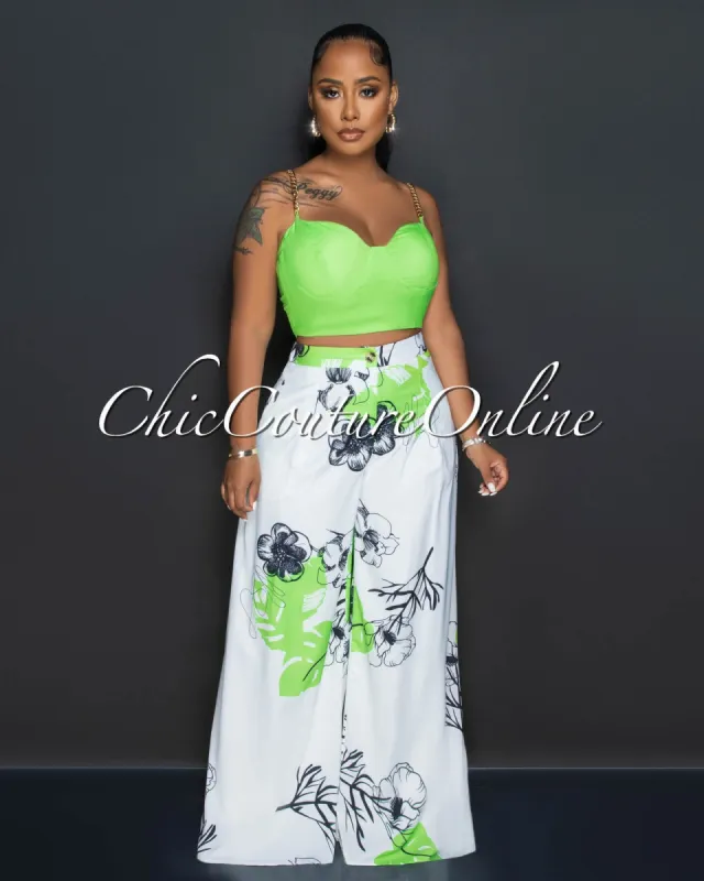 *Annya Lime Gold Link Straps Crop Top & White Print Pants Set sold by Chic Couture