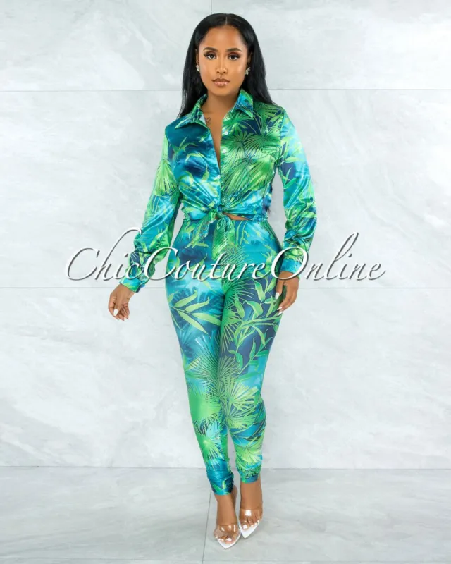 *Dabney Green Palm Print Satin Shirt & Leggings Set sold by chic