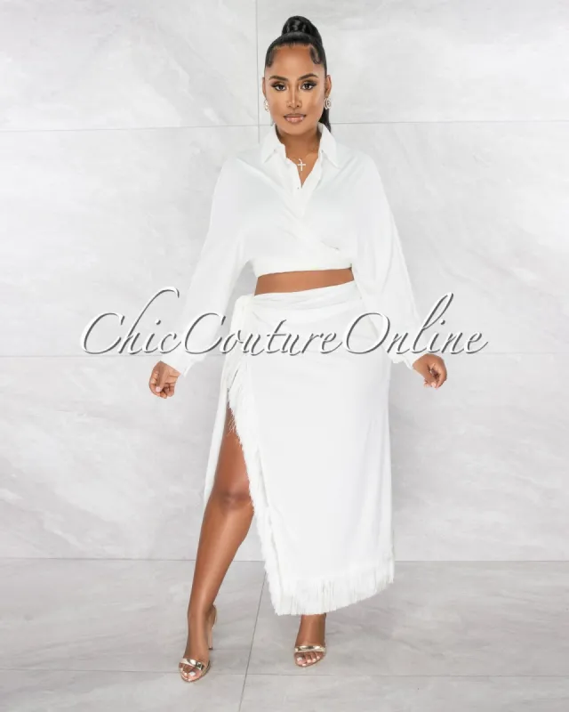 *Armand Off-White Long Straps Shirt & Fringe Slit Skirt Set sold by Chic Couture