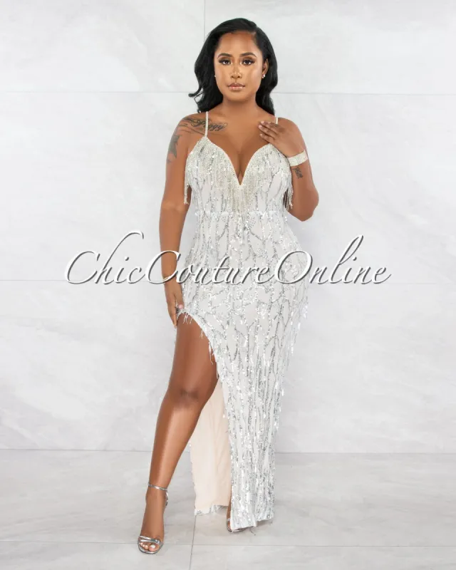 Imogen White Silver Sequins Rhinestones Nude Illusion Maxi Dress sold by Chic Couture