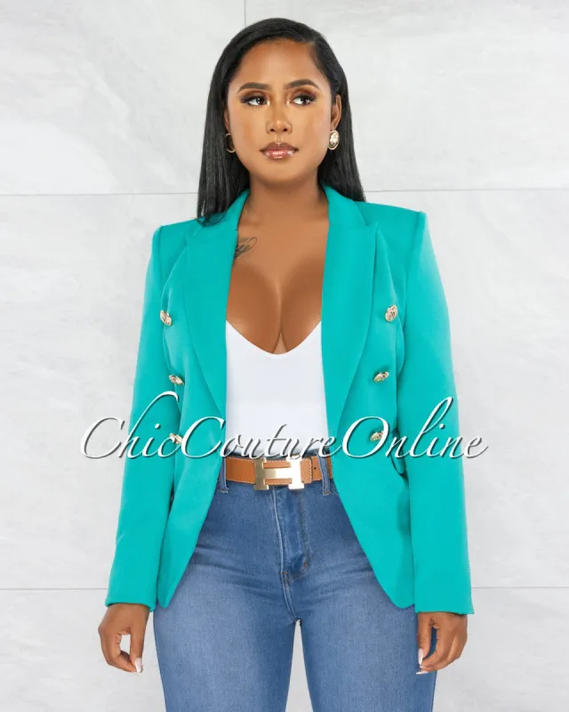 Zack Teal Double Trench Gold Buttons Blazer sold by Chic Couture