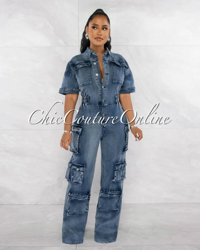 Bania Dark Washed Denim Silver Buttons Cargo Jumpsuit made by Chic Couture