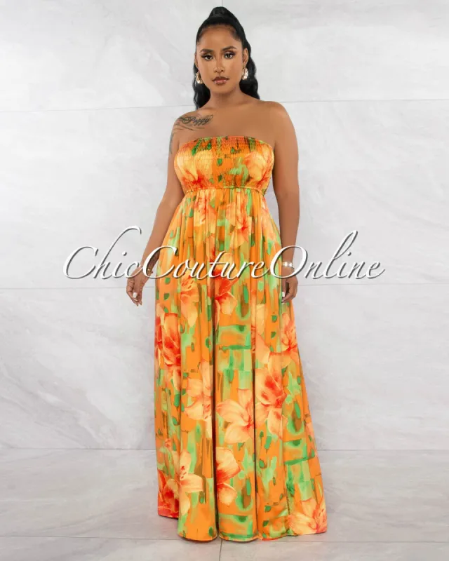 Zamir Orange Green Smocked Top Silky Jumpsuit sold by chic