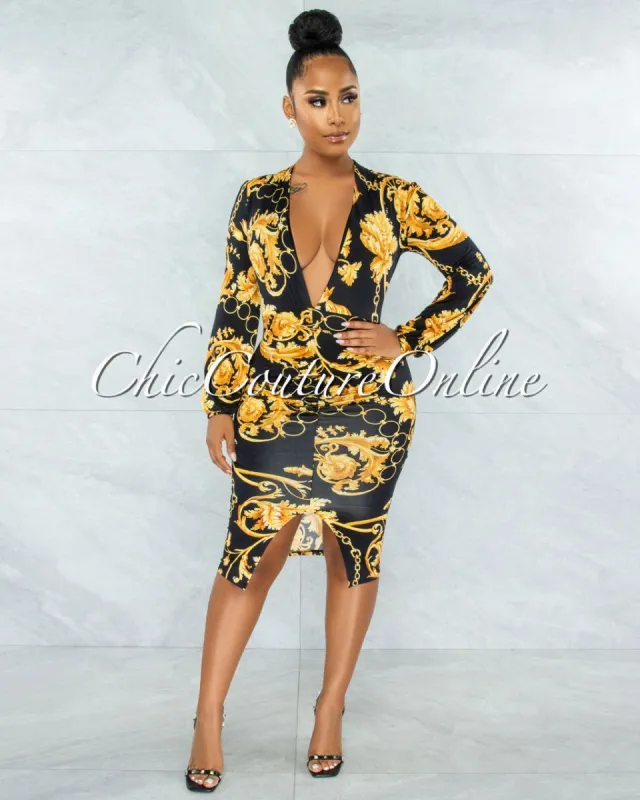 Melaza Black Gold Print Plunging Neckline Midi Dress sold by chic