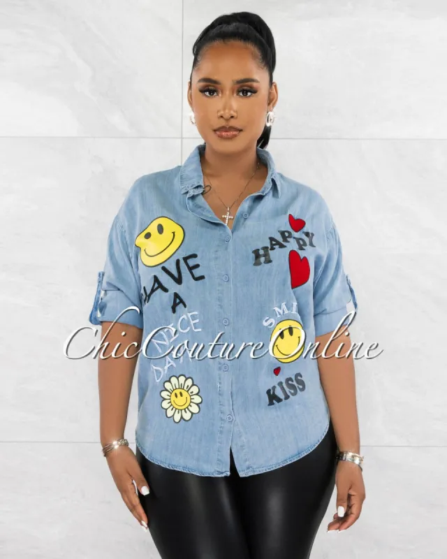*Lista Light Blue Multi-Color Patch Chambray Buttoned Shirt sold by Chic Couture