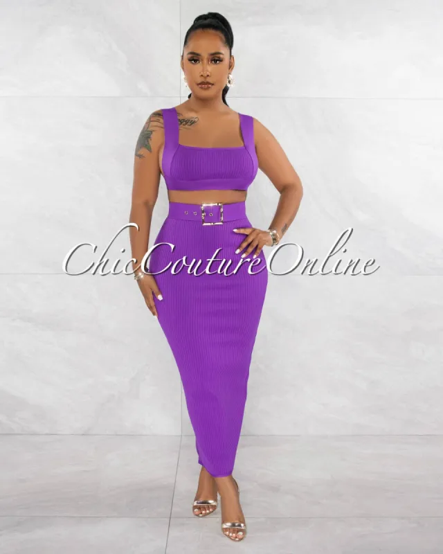 Megan Purple Crop Top & Belted Maxi Skirt Bandage Set sold by Chic Couture