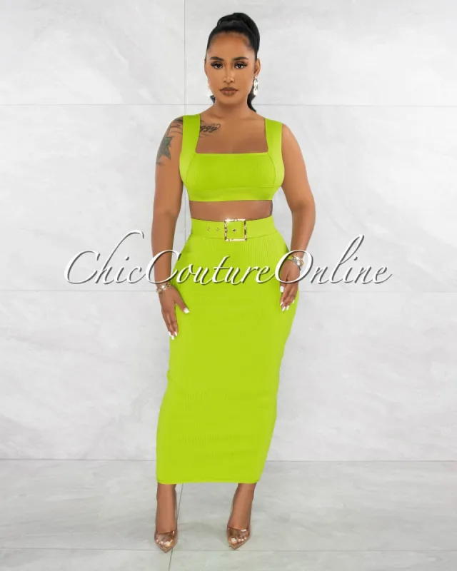Megan Green Crop Top & Belted Maxi Skirt Bandage Set sold by Chic Couture