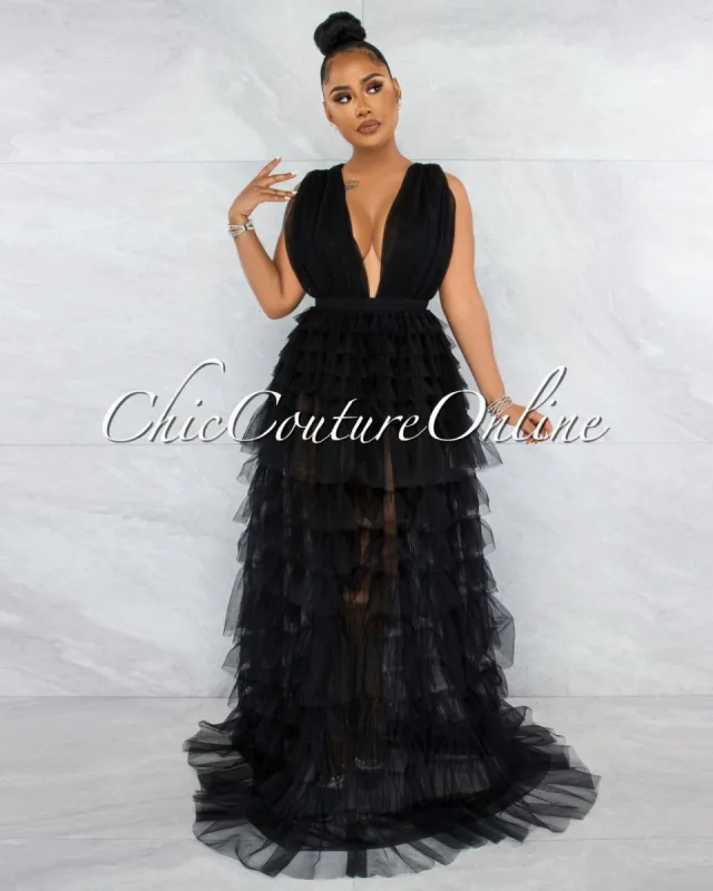 Elektra Black Tulle Tier Ruffle Maxi Dress sold by chic
