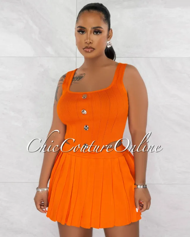 Gidney Orange Gold Buttons Top & Mini Pleated Skirt Knit Set sold by Chic Couture