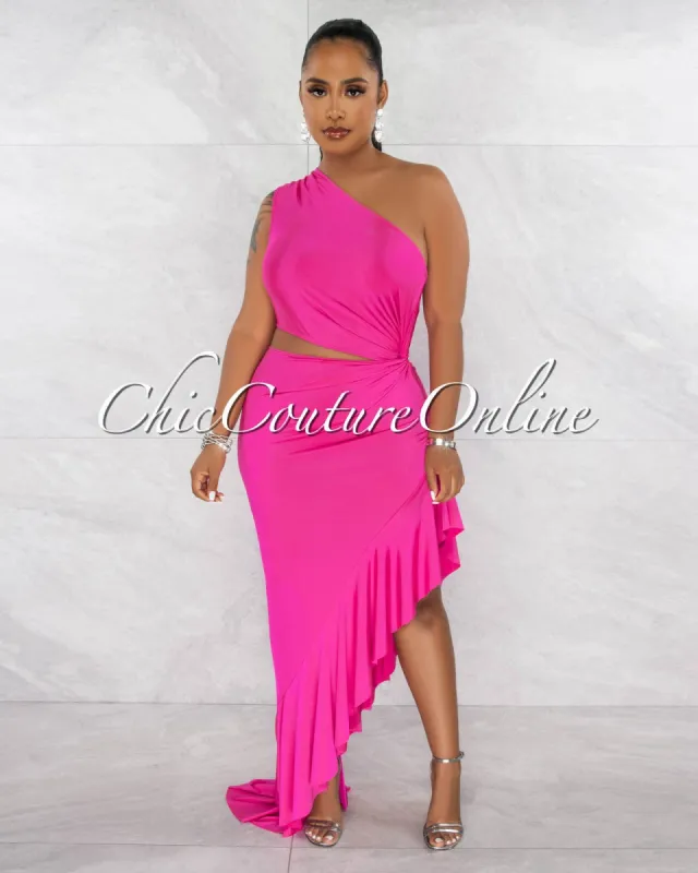 Nilia Fuchsia Cut-Out Hi-Lo Ruffle Hem Maxi Dress sold by Chic Couture