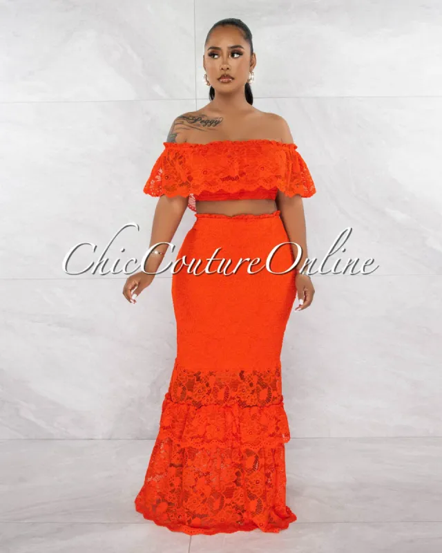 Manada Tomato Lace Crop Top & Smocked Lace Maxi Skirt Set sold by Chic Couture