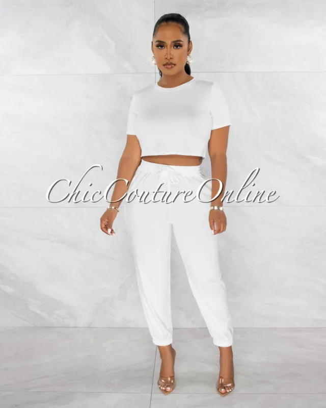 Haddie White Crop Top & Joggers Set sold by Chic Couture