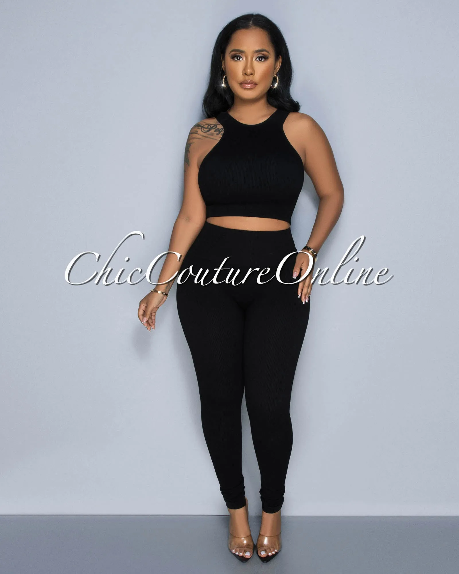 Cindy Black Racer Crop Top & Leggings Sculpting Set sold by Chic Couture