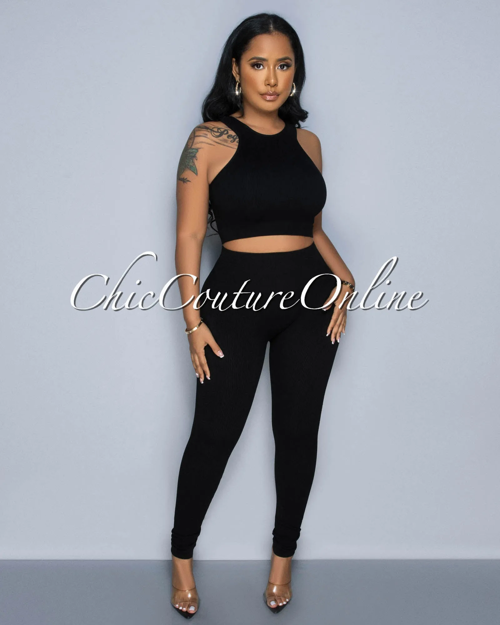 Cindy Black Racer Crop Top & Leggings Sculpting Set sold by Chic Couture product image thumbnail 2