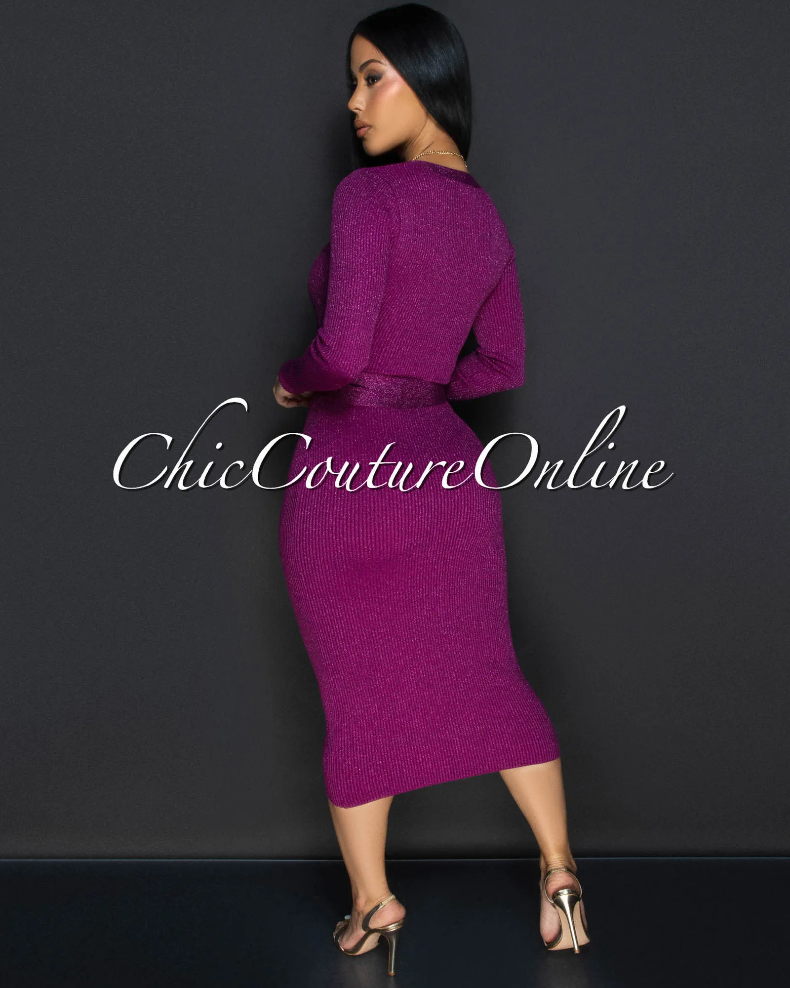 Eleanor Magenta Shimmer Ribbed Midi Dress sold by Chic Couture product image thumbnail 4