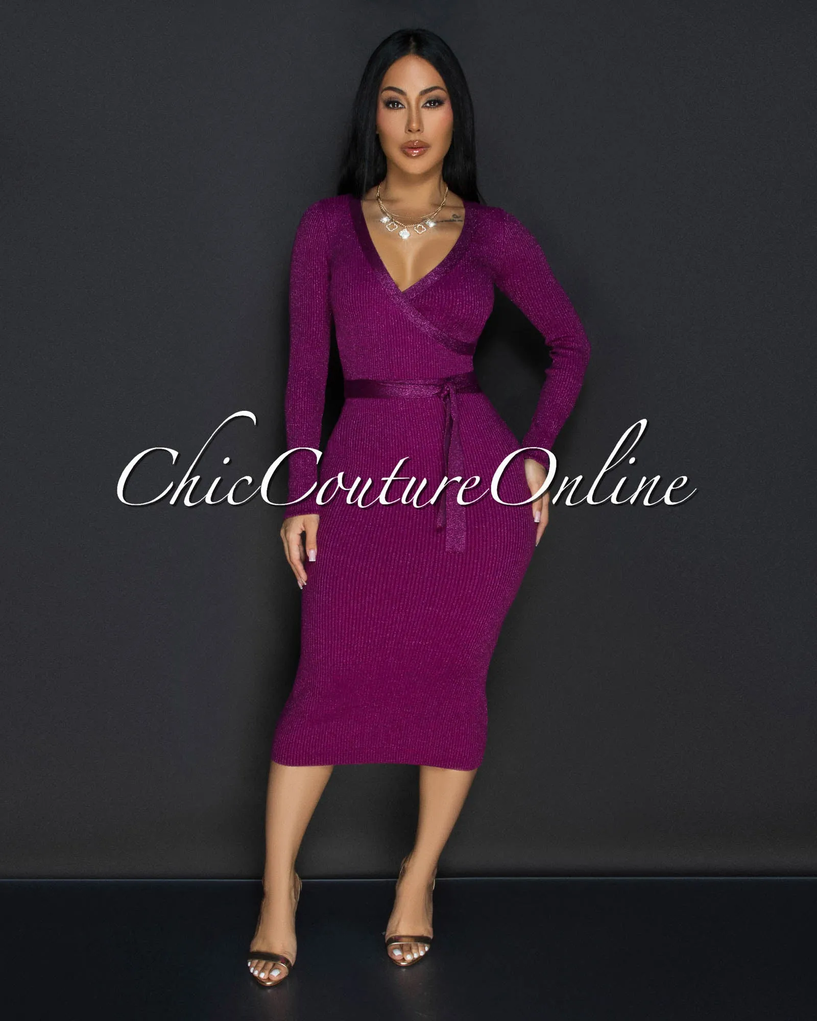 Eleanor Magenta Shimmer Ribbed Midi Dress sold by Chic Couture