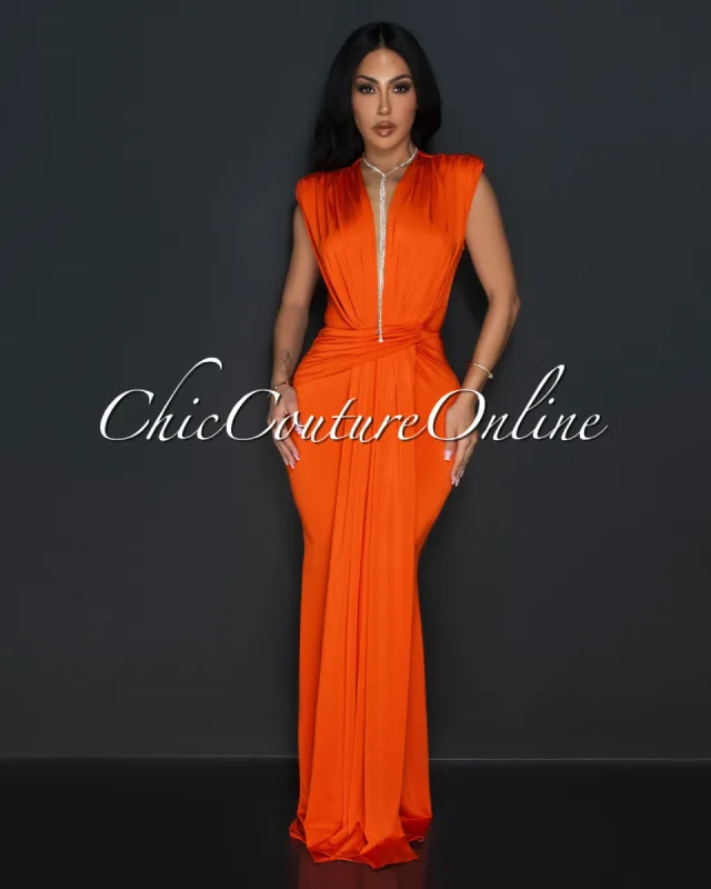 Alea Orange Sleeveless Deep V Neck Maxi Dress sold by Chic Couture