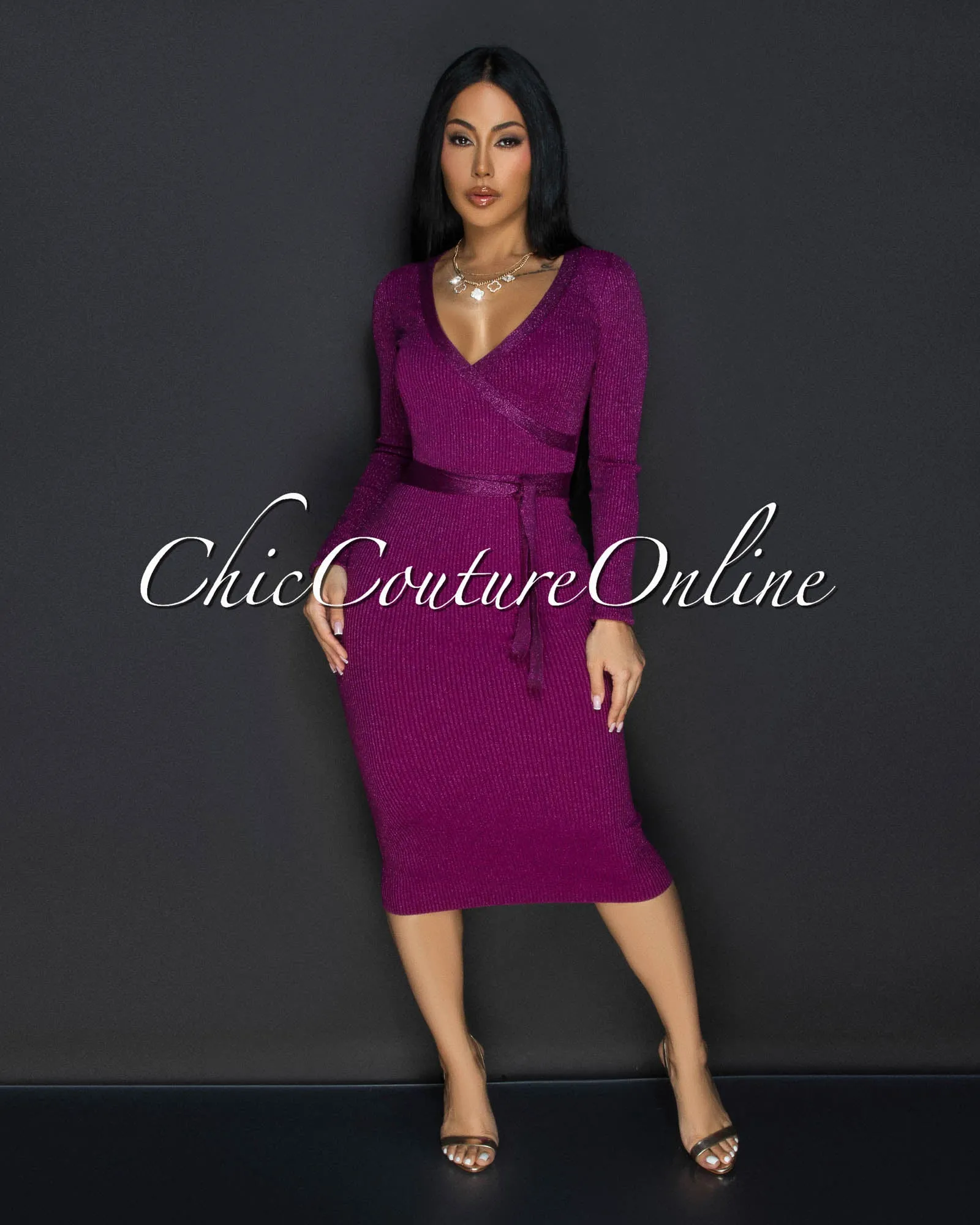 Eleanor Magenta Shimmer Ribbed Midi Dress sold by Chic Couture product image thumbnail 3