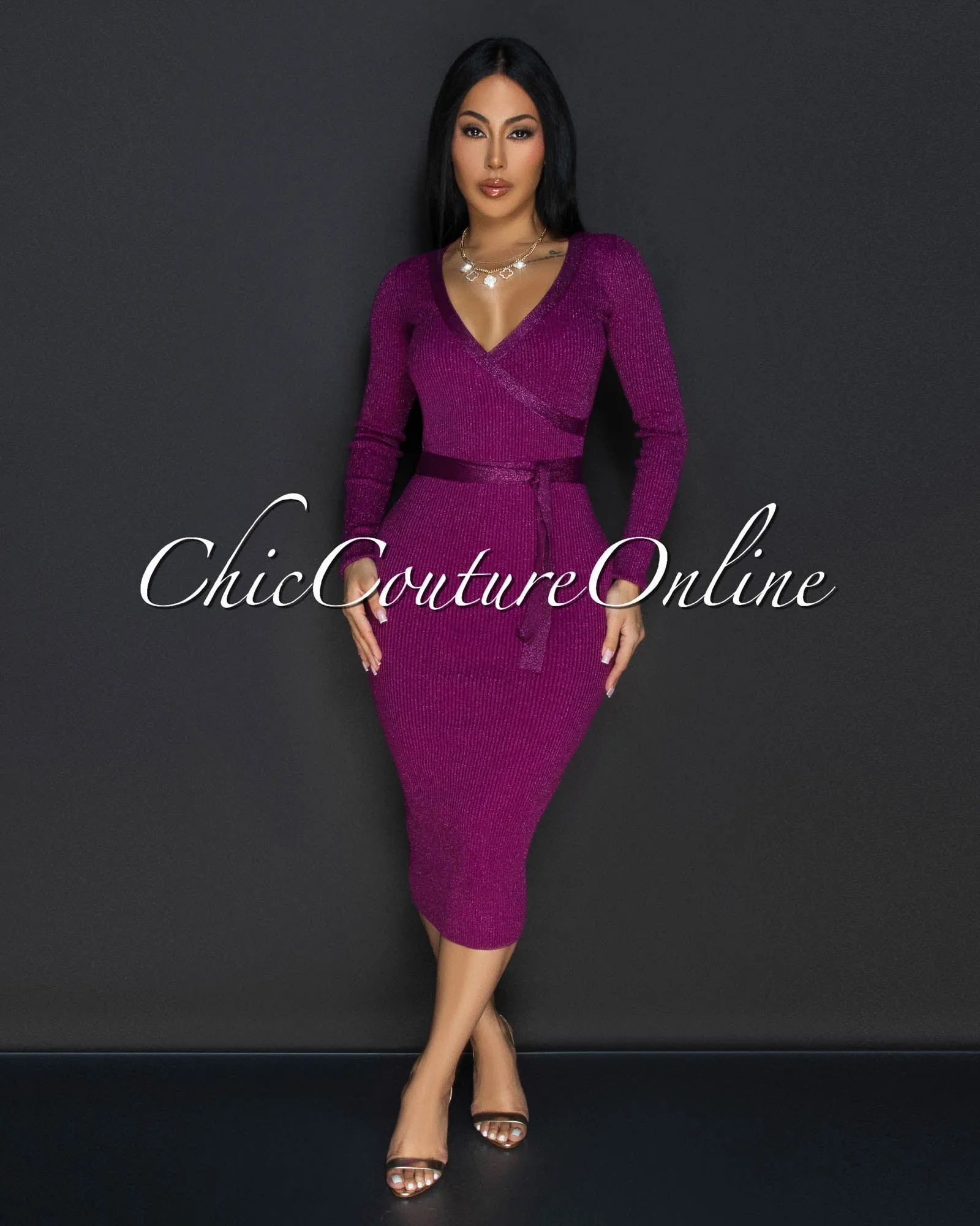 Eleanor Magenta Shimmer Ribbed Midi Dress sold by Chic Couture product image thumbnail 2