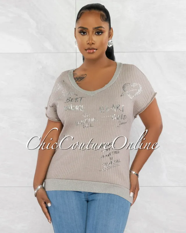 *Levity Grey Silver Graphic Ribbed Top sold by Chic Couture