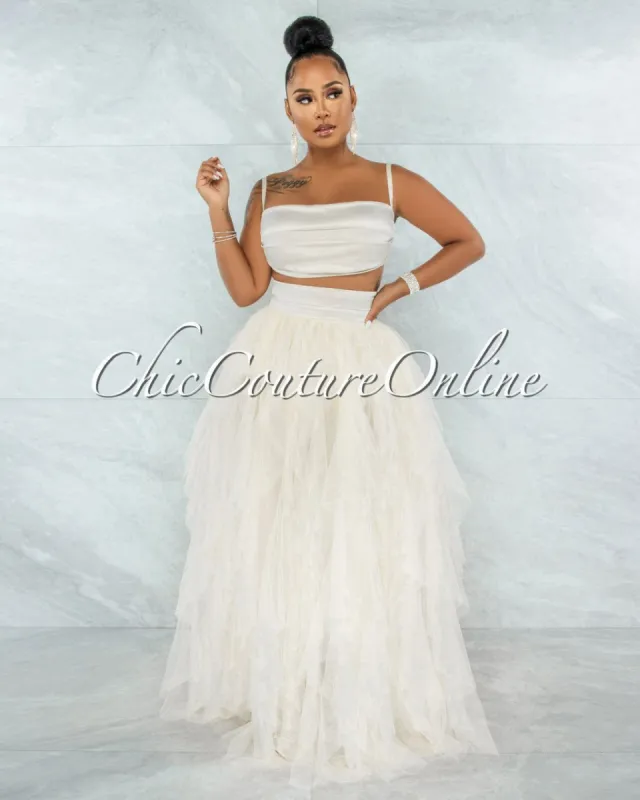 *Bellissima Ivory Satin Drape Top & Tulle Ruffle Maxi Skirt Set sold by Chic Couture